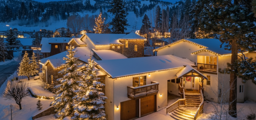 Snow-covered cabin with glowing Christmas lights at Destination Big Bear