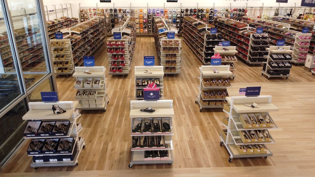 Marshalls footwear department featuring shoe displays, sandals, and branded footwear collections.