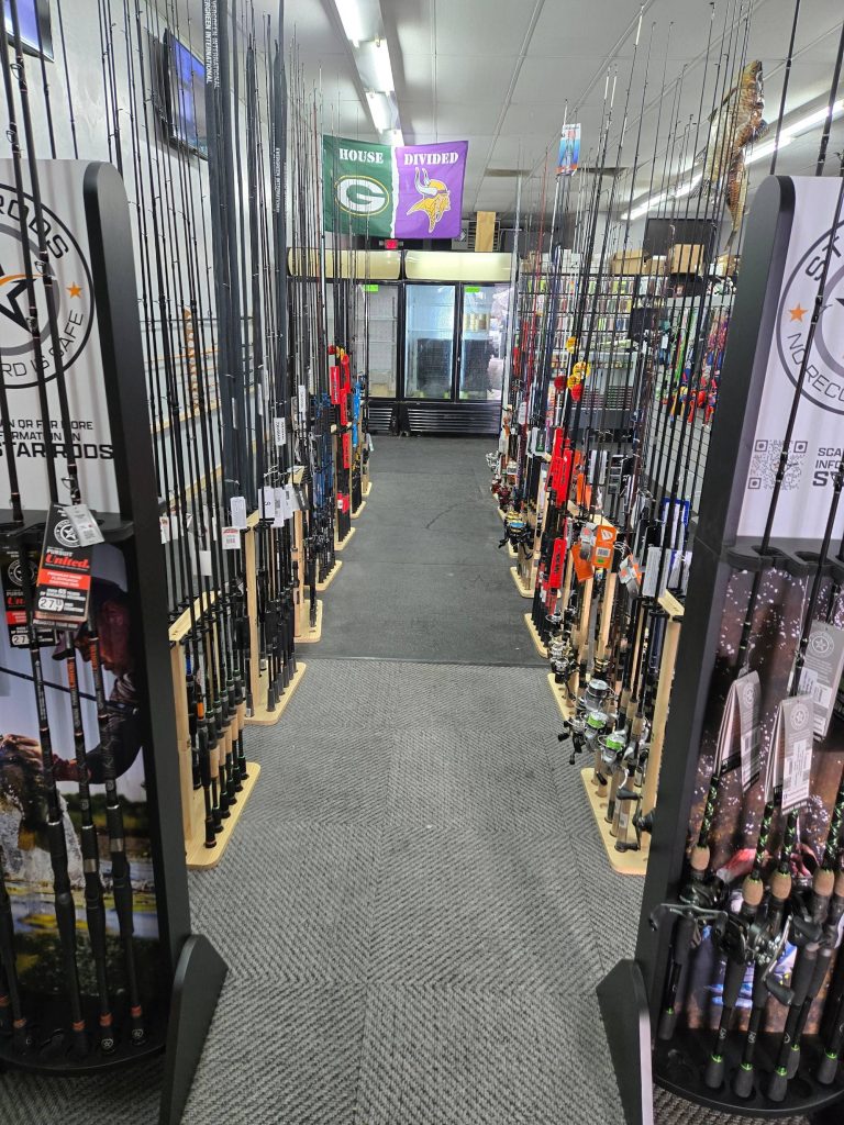 fishing rods and reels displayed inside Mountain Top Tackle Shop in Big Bear Lake