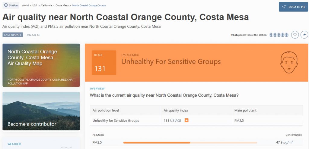 North Coastal Orange County - Coast Mesa Air Quality Map