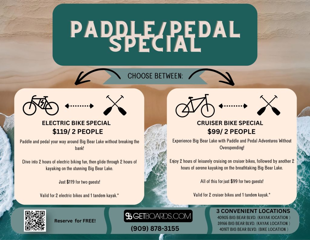 Paddle and Pedal Special promotion featuring kayak and bike rentals in Big Bear Lake