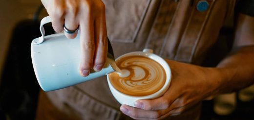 Barista making latte art in Big Bear Lake café.