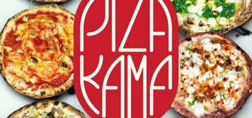 Variety of artisan pizzas with toppings displayed around Pizakaya logo