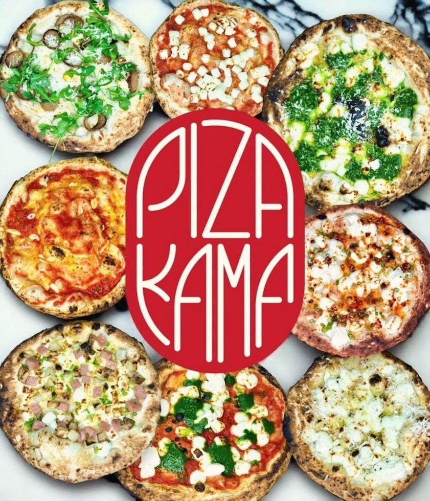 Variety of artisan pizzas with toppings displayed around Pizakaya logo