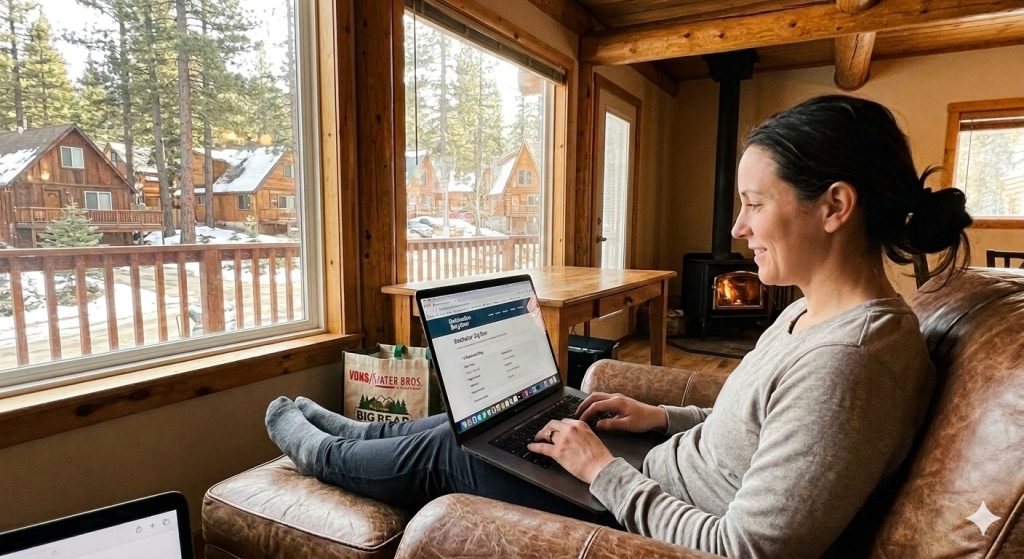 Person working on a laptop inside a mountain cabin with snowy neighborhood views through large windows