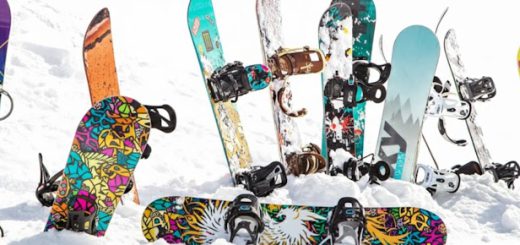 Colorful snowboards in the snow at bear mountain