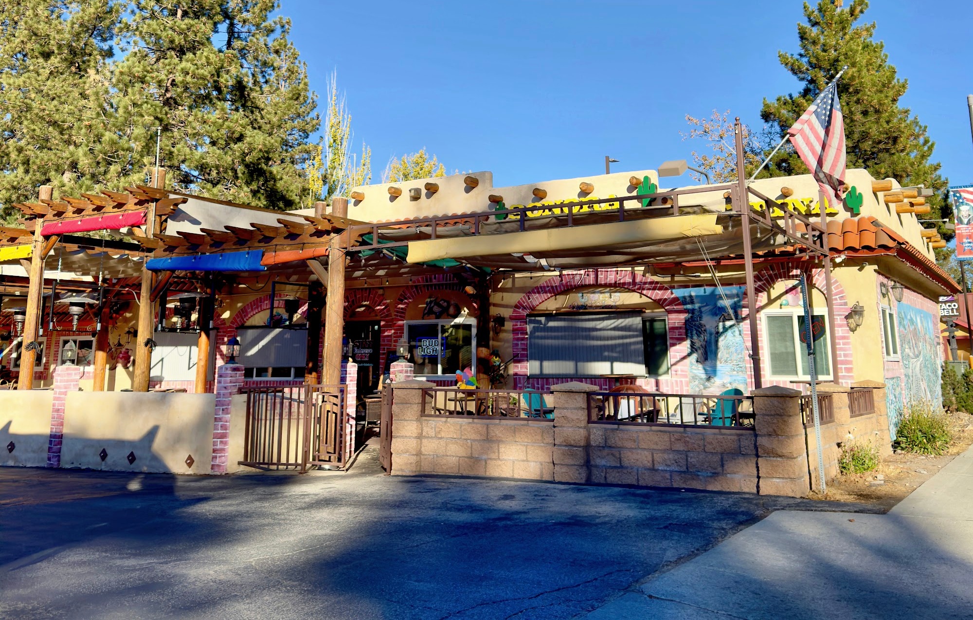 Exterior view of Sonora Cantina Mexican restaurant in Big Bear Lake with outdoor patio seating.