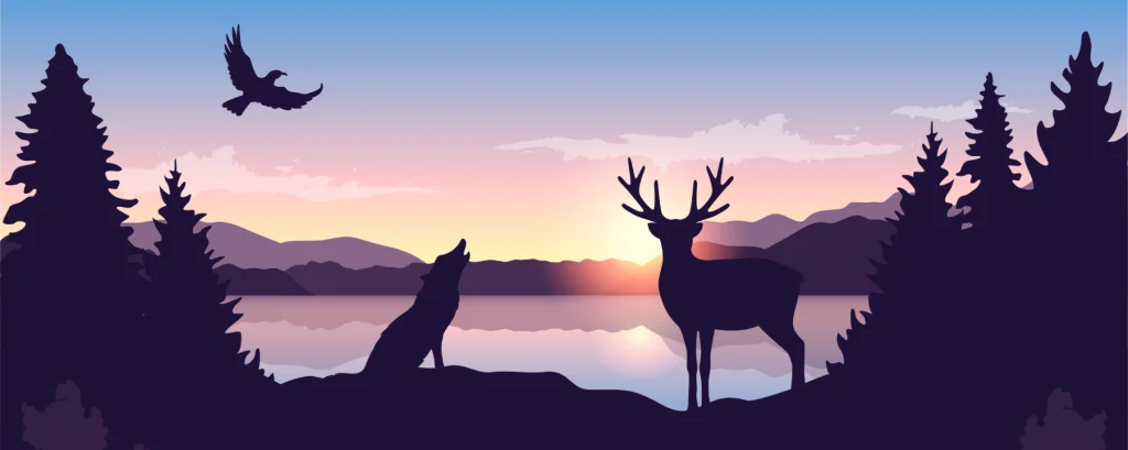 Illustrated sunset landscape with a deer, wolf, bird, pine trees, mountains, and lake