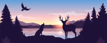 Illustrated sunset landscape with a deer, wolf, bird, pine trees, mountains, and lake
