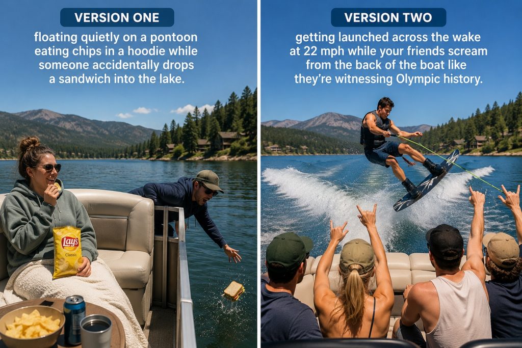 Funny comparison showing relaxing pontoon boating versus high-energy wakeboarding on Big Bear Lake