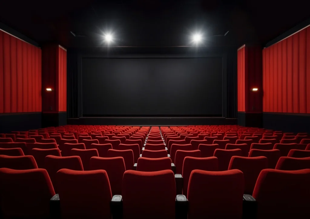 An empty theater at Big Bear Arts & Theatre featuring red seats and a large screen.
