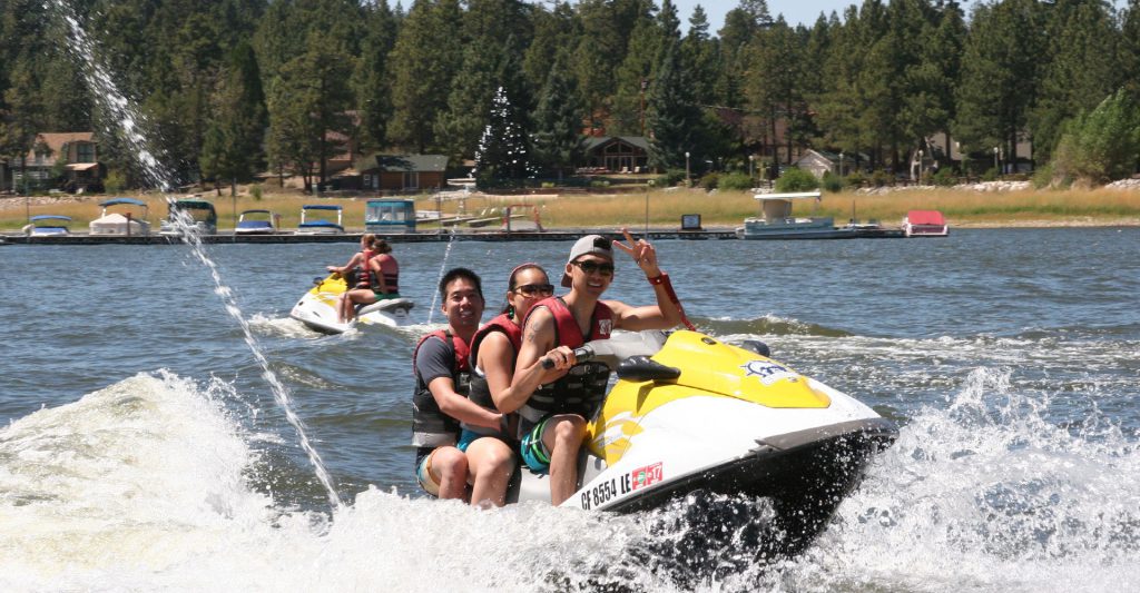 Jet ski and waverunner rentals riding across Big Bear Lake near Big Bear Marina