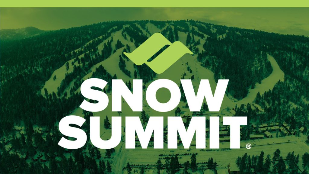 Snow Summit ski resort winter aerial view featuring mountain slopes and Snow Summit logo