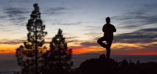 A silhouetted person is doing a tree pose on a mountain at sunset, with a vibrant sky and pine trees in the background at Big Bear